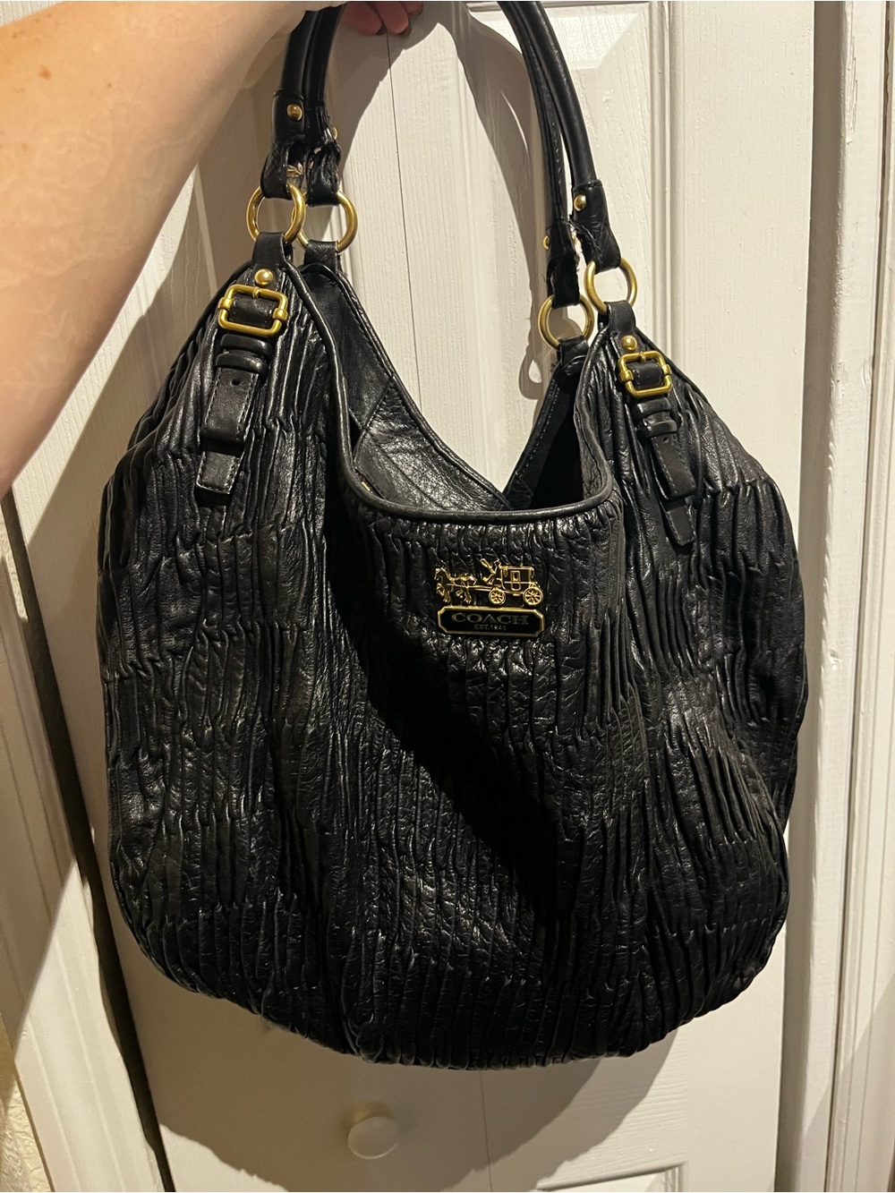 Vintage Coach Black Ruched Leather Hobo with Gold Hardware